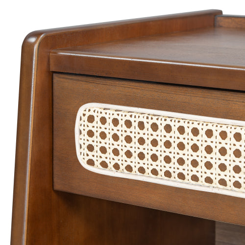 Walnut Nightstand with Rattan Detail, MDF + Solid Wood, Modern Bedroom Storage, Open Shelf & Drawer, Indoor Furniture