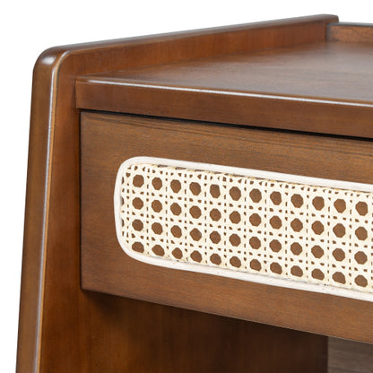 Walnut Nightstand with Rattan Detail, MDF + Solid Wood, Modern Bedroom Storage, Open Shelf & Drawer, Indoor Furniture