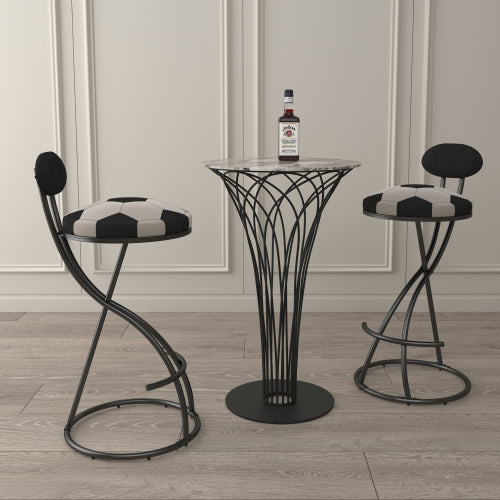 Upholstered S-shaped Barstools Set of 2 Velvet Counter Bar Stools Football Print Round Dining Stool for Kitchen & Living Room (Black Frame & Black Back)
