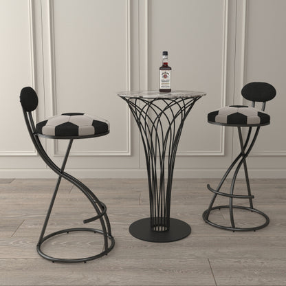 Upholstered S-shaped Barstools Set of 2 Velvet Counter Bar Stools Football Print Round Dining Stool for Kitchen & Living Room (Black Frame & Black Back)