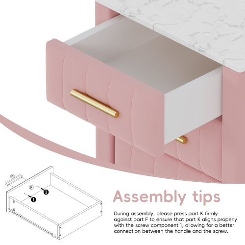 Upholstered Wooden Nightstand with 3 Drawers and Metal Legs&Handles, Bedside Table with Marbling Stickers Worktop - Pink