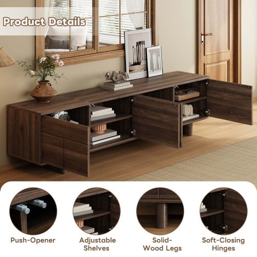 78.7 inch Dark Brown Push-Open TV Stand Solid Pine Leg Media Console Adjustable Shelves For 85 inch TV