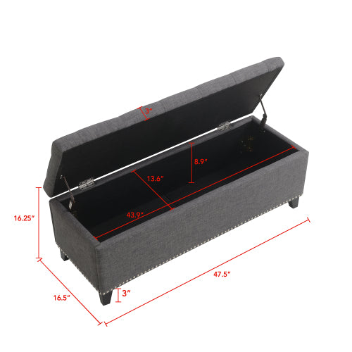 47.5inch  Storage Ottoman, Storage Bench with Safety Close Hinge, Linen Button-Tufted Ottoman for Living Room, Entryway, Hallway, Foot Rest, Support 500lbs - Dark Grey