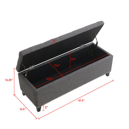 47.5inch  Storage Ottoman, Storage Bench with Safety Close Hinge, Linen Button-Tufted Ottoman for Living Room, Entryway, Hallway, Foot Rest, Support 500lbs - Dark Grey