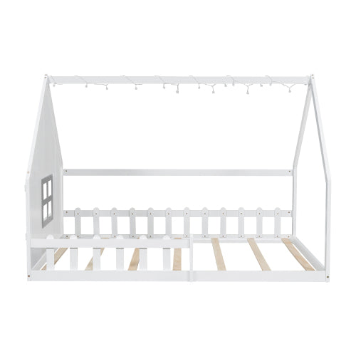 Full Size Wood House Bed with Window and Fence, White