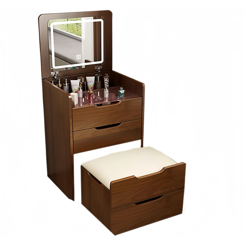 (60cm) 3 in 1 Vanity Desk with Plip Top Mirror, Small Make Up Vanity Set with Visible Glass Desktop, Compact Makeup Vanity with 3 Drawers, Dressing Table for Bedroom (Walnut Color)