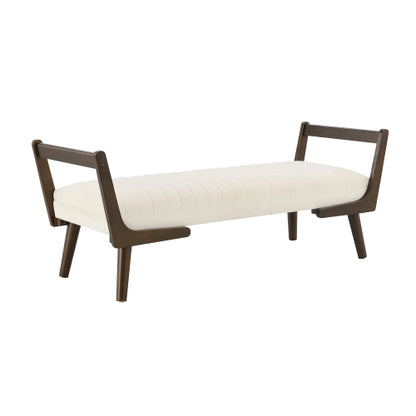 52 inch Beige Chenille Mid-Century Bench Ottoman, Walnut Wood Leg Upholstered Foot Stool, 300 LBS Capacity