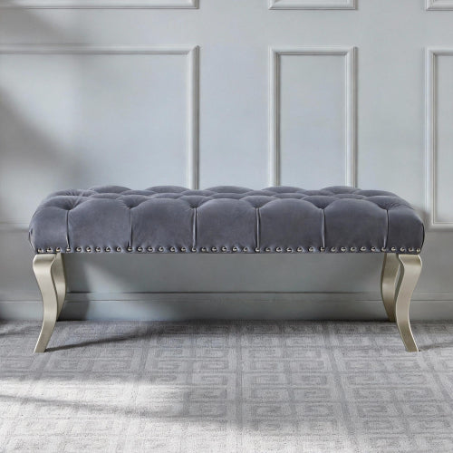 Decor Tufted Fabric Upholstered Bench Nailhead Trim , Gray