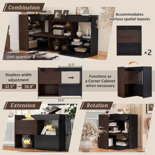 32.5 inch-58.8 inchW 40 inchH Multifuctional Storage Cabinet, Buffet Sideboard Cabinet with Drawer, Corner Cabinet for 44 inchH Window decor, Livingroom, Hallway, Entryway, Kitchen & Office  - Black & Walnut