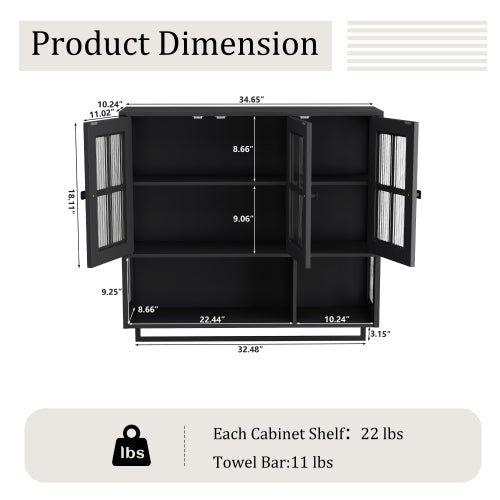 Bathroom Wall Cabinet, 3-Door Wooden Wall Cabinet with Open and Hidden Storage Space, Medicine Cabinet with Glass Door and Towel Bar for Entryway Living Room Bathroom Dining Room,Black