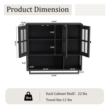 Bathroom Wall Cabinet, 3-Door Wooden Wall Cabinet with Open and Hidden Storage Space, Medicine Cabinet with Glass Door and Towel Bar for Entryway Living Room Bathroom Dining Room,Black