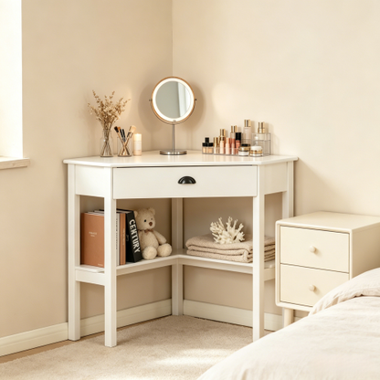 Triangle Corner Vanity Desk, Dressing Table with Drawer & 2 Shelves, 29.5 inch W, White
