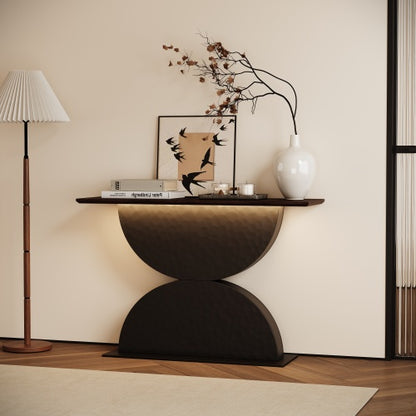 47 inchDouble Semi-Circles 3d Hammer-Shaped Texture Base Wood Console Table With Led Light Entryway Table Modern Console Table,Sofa Console Tables For Living Room