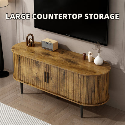 47 Inch Brown Mid-Century Fluted Sliding Door TV Console MDF Entertainment Center with Metal Legs
