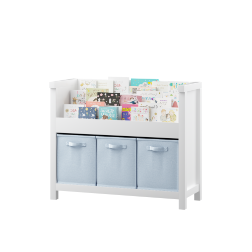 Kids Bookshelf with 3-Tier Front Storage and Fabric Toy Bins