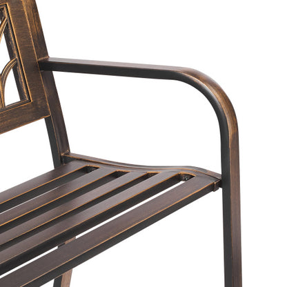 Outdoor Bench, 50 inch, Carbon Steel Metal Frame with PVC Floral Pattern Backrest and Round Edge Armrests, Weatherproof Outside Bench for Patio, Garden, Park, Yard, Front Porch, Antique Bronze