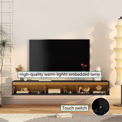 Black Wall Mount High Gloss Floating TV Cabinet with Touch LED Strip & Power Outlet