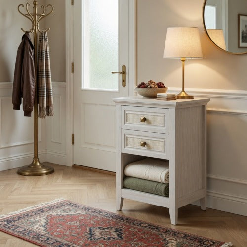 Set of 2 White Rattan Boho Nightstands