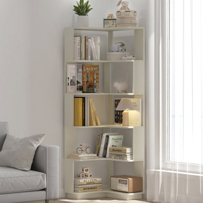 White 6-Tier L-Shaped Corner Bookshelf 21.65¡Á21.65¡Á64.57 Inch, Anti-fall Baffle Hollow Back Home Storage Rack
