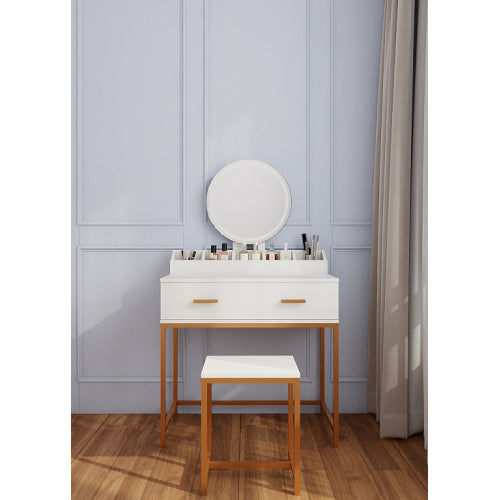 Vanity Set with Mirror and Stool - Makeup Vanity Table with Storage Drawers and Organizer, White and Gold, Space-Saving Design for Small Bedrooms