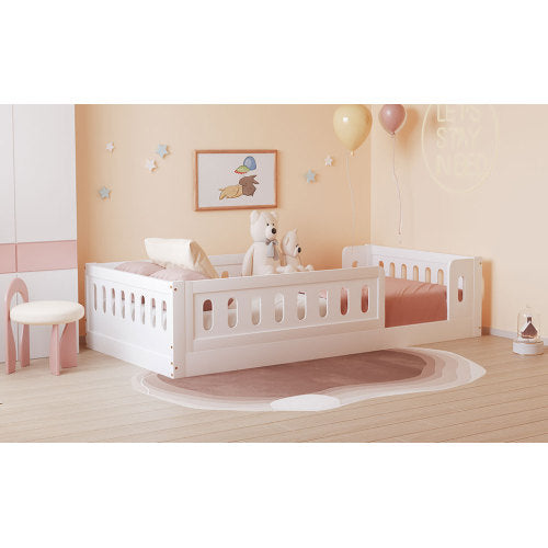 Wood Twin Size Platform Bed with Guardrail, White