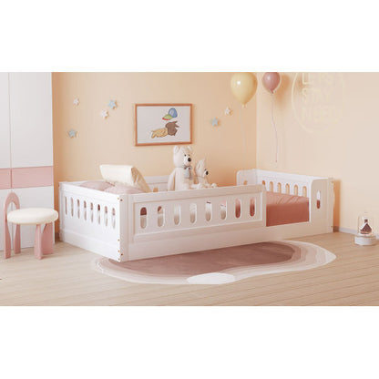 Wood Twin Size Platform Bed with Guardrail, White