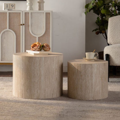 Set of 2 Nesting Round Coffee Tables Wooden Modern Space Saving Side Tables