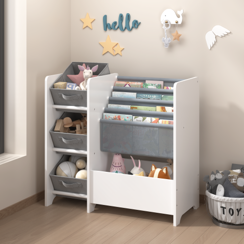 White 4-Tier Kids Bookshelf With 3 Collapsible Fabric Drawers Multi-Functional Toy Book Storage Organizer
