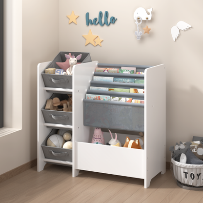 White 4-Tier Kids Bookshelf With 3 Collapsible Fabric Drawers Multi-Functional Toy Book Storage Organizer