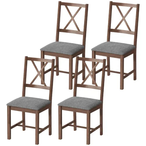 Set of 4 Dining Chairs Gray Linen Fabric X-Back Rubberwood Frame