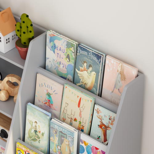 Gray 4-Tier Kids MDF Bookshelf, Multi-use Toy & Book Storage Unit for Nursery Playroom Bedroom