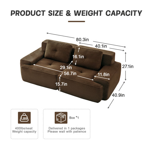 82 inch  Brown Corduroy L-Shape Modular Sectional Sofa, No Assembly Required