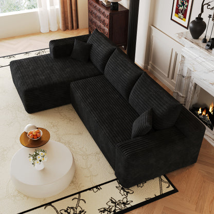 103 inch  Black Plush Corduroy L-Shape Cloud Modular Sofa, No Assembly