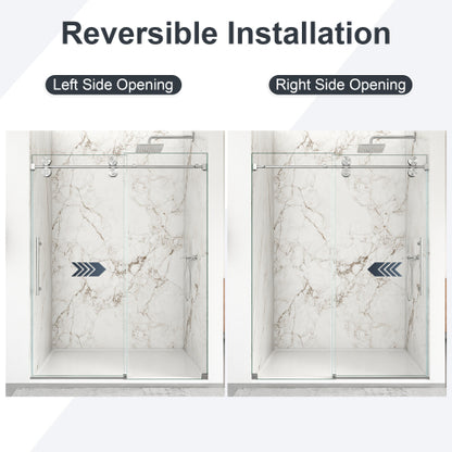 56"-60"W x 72"H Frameless Single Sliding Shower Door – 5/16" (8mm) Clear Tempered Glass, Bypass Design with Brushed Nickel Finish