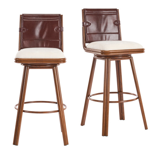 Indoor Upholstered Swivel Bar Stool with Metal Frame, Walnut Finish and Beige Upholstery, Set of 2