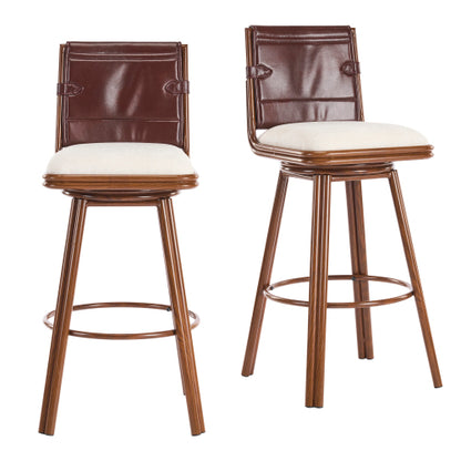 Indoor Upholstered Swivel Bar Stool with Metal Frame, Walnut Finish and Beige Upholstery, Set of 2