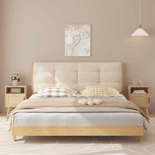 22.83'' H Rattan Nightstand, Side Table with Door Open Shelf,  Accent Bedside End Table with Solid Wood Legs for Bedroom, Dorm and Small Spaces, Oak