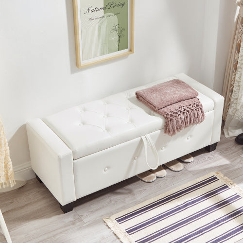48'' Storage Ottoman Bench Tufted Faux Leather Upholstered Bench Ivory White