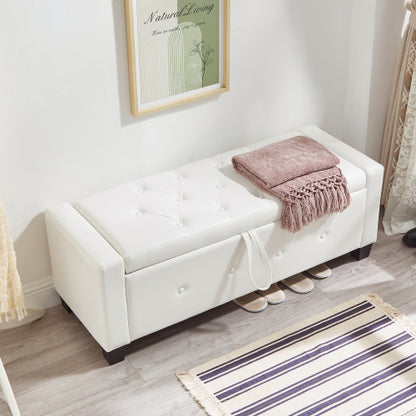 48'' Storage Ottoman Bench Tufted Faux Leather Upholstered Bench Ivory White