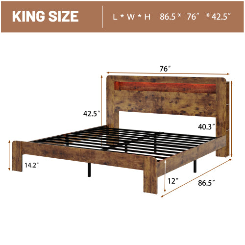 Bed Frame King Size, Wood Platform Bed Frame with Storage LED Light Headboard and 2 USB , Noise Free,No Box Spring Needed and Easy Assembly Tool,Large Under Bed Storage,Dark Brown
