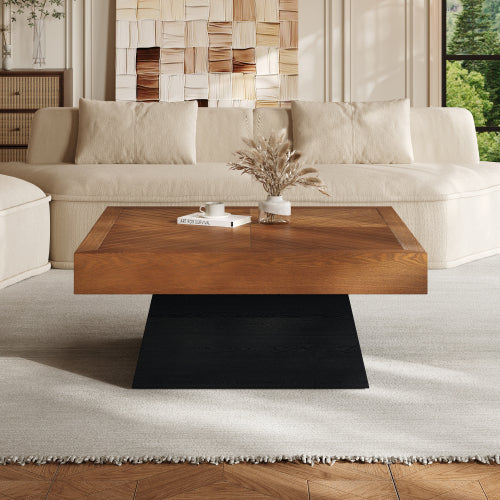 31.5inch  Square Mid-Century Coffee Table, Brown Wood-Grain Top & Black Base Farmhouse Center Table