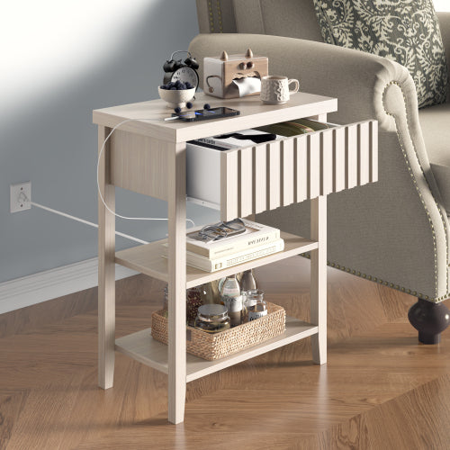 Beige Fluted Nightstand with Charging Station