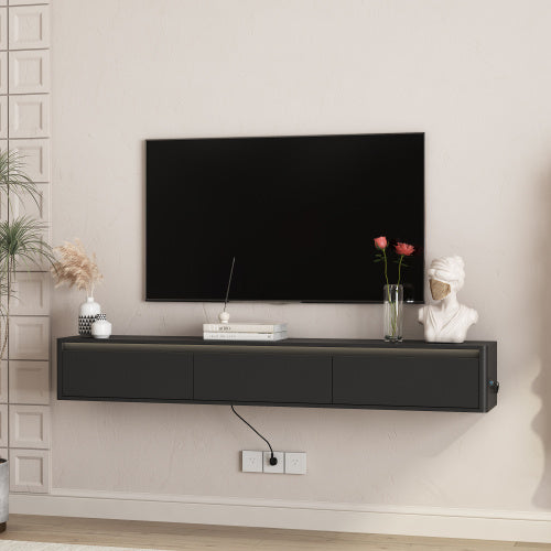 Black Floating Wall Mount High Gloss TV Cabinet with Touch LED Light Strip & Built-in Power Outlet