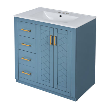 30'' Bathroom Vanity with Ceramic Sink Combo,Solid Wood Frame Bathroom Storage Cabinet, Freestanding Vanity Set with 3 Drawers& Soft Closing Doors