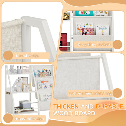 White Montessori Kids Bookshelf Wooden Fabric Combined Anti-Tip Toddler Nursery Book Toy Storage Rack