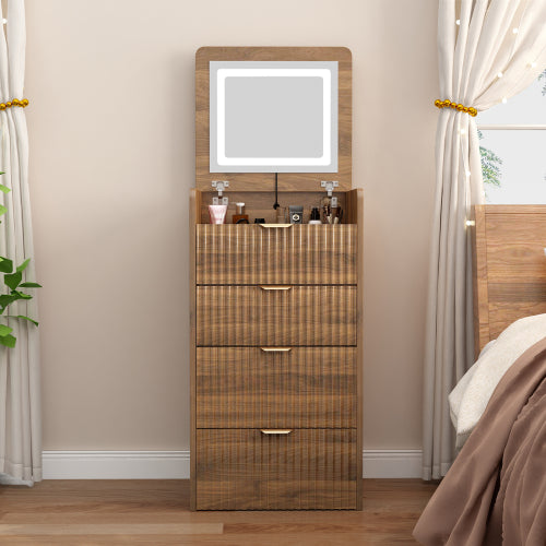Walnut 3?in?1 Flip?Top Vanity Desk with Rolling Stool, LED Lights & Fluted Drawer