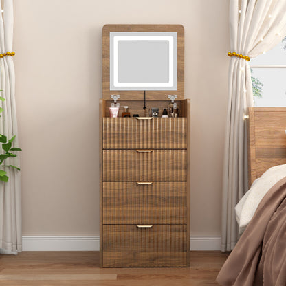 Walnut 3?in?1 Flip?Top Vanity Desk with Rolling Stool, LED Lights & Fluted Drawer