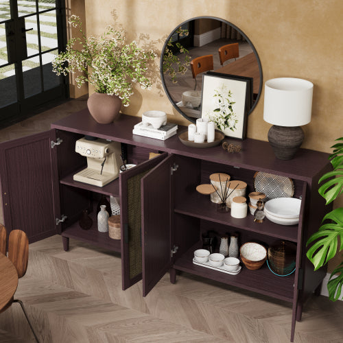 70 Inch Brown Rattan Four-Door Sideboard MDF Solid Wood Leg Adjustable Shelf Easy Assembly Home Storage Cabinet