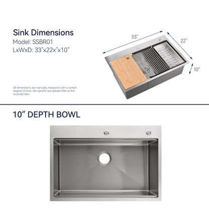 Stainless Steel Kitchen Sink, 33″x22″ Single Bowl, Overmount Handmade Sink in Brushed, with Cutting Board, Colander, Grid, LS-SSBR01