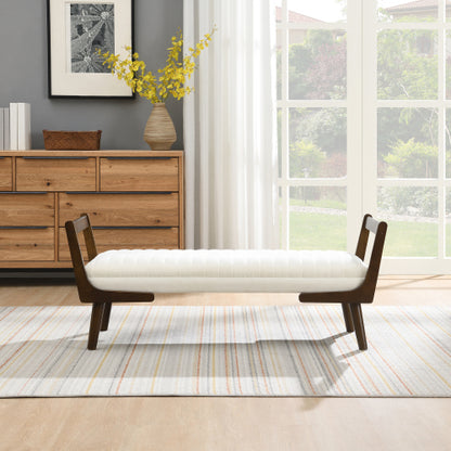 52 inch Beige Chenille Mid-Century Bench Ottoman, Walnut Wood Leg Upholstered Foot Stool, 300 LBS Capacity